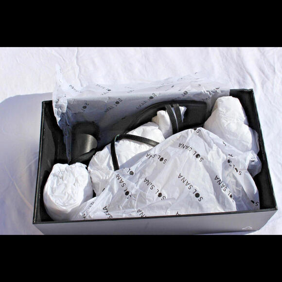 NEW SOL SANA YOLE 2.5" ROUND KNOBBED HEEL BLACK LEATHER STRAPS SIZE US 5 & 10 - Picture 7 of 8